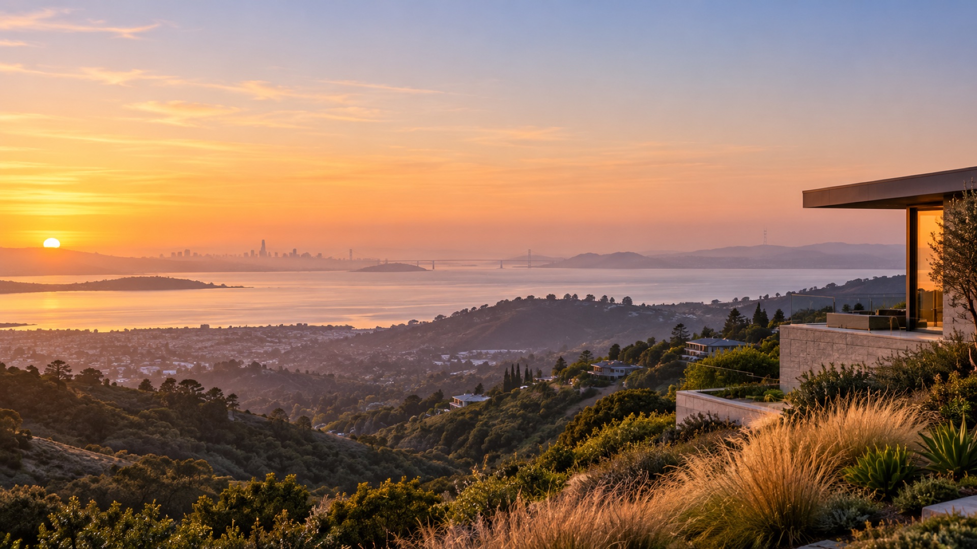 Bay Area hills overlooking the bay at sunset.