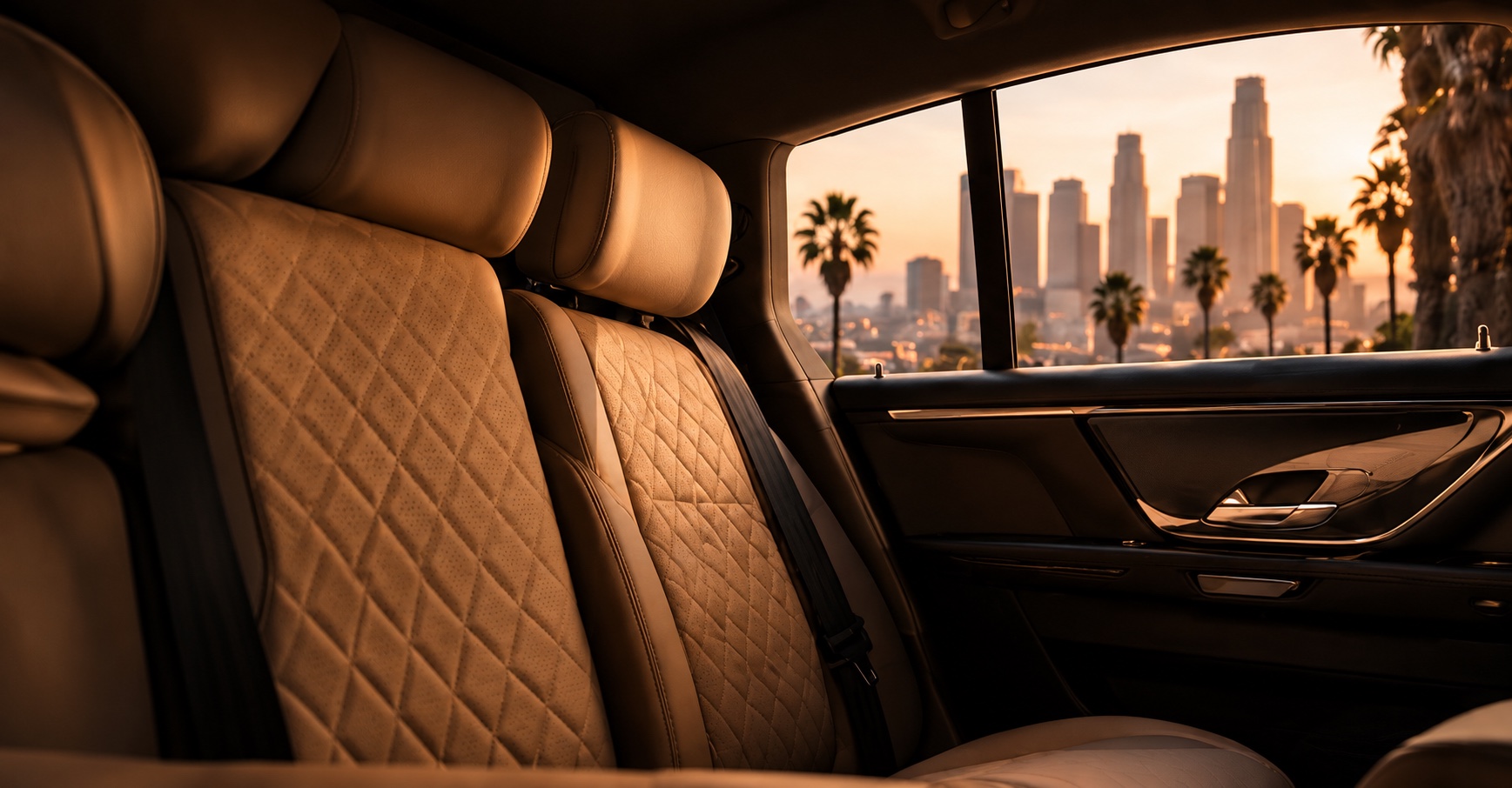 Tan leather cabin with a view of the Los Angeles skyline.