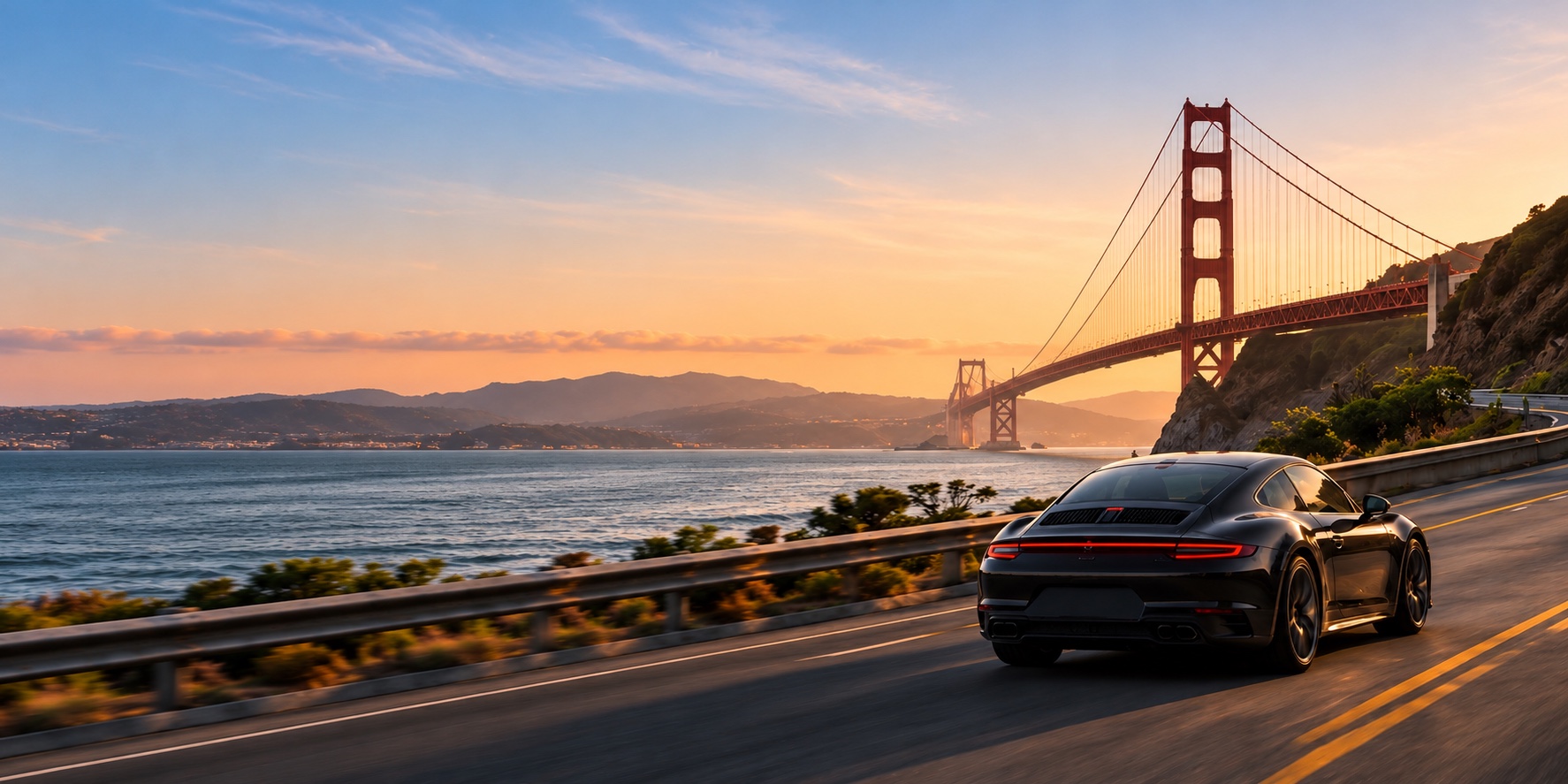 Sports coupe on a coastal road beneath the Golden Gate Bridge.
